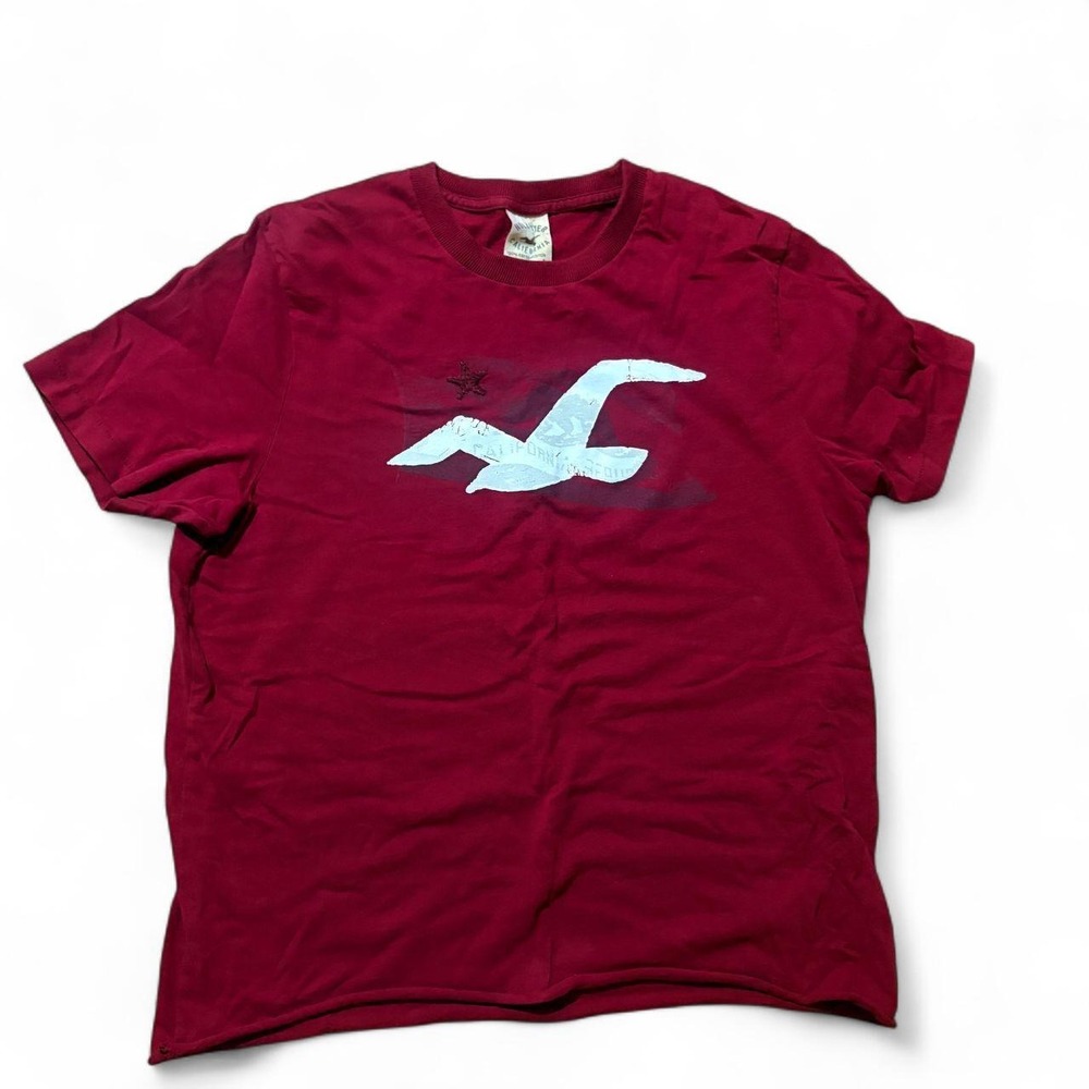 Hollister California Burgundy Seagull Graphic Cropped T-Shirt Small Y2K